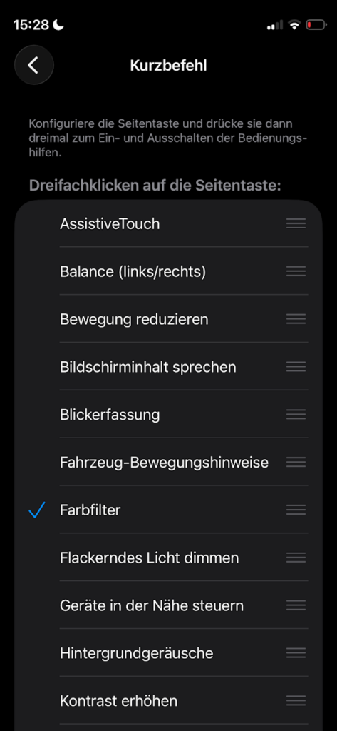 Schritt 3: "Farbfilter" auswählen. Oben in diesem Screen wird erklärt, wie der Kurzbefehl auf dem jeweiligen Gerät ausgelöst wird. Dies unterscheidet sich aufgrund der Anzahl der Tasten.