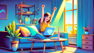 DALL·E 2024-01-06 12.29.47 - Digital art depicting a person sitting in a modern living room, expressing joy at having internet access. The setting is cozy and well-lit, with a com