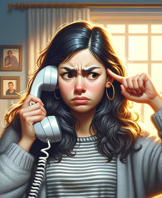 Telefonieren klappt nicht. Bild: DALL·E 2024-01-07 12.13.25 - Digital art of a person experiencing frustration while holding a telephone receiver to their ear, unable to hear anything, in a private, home setting