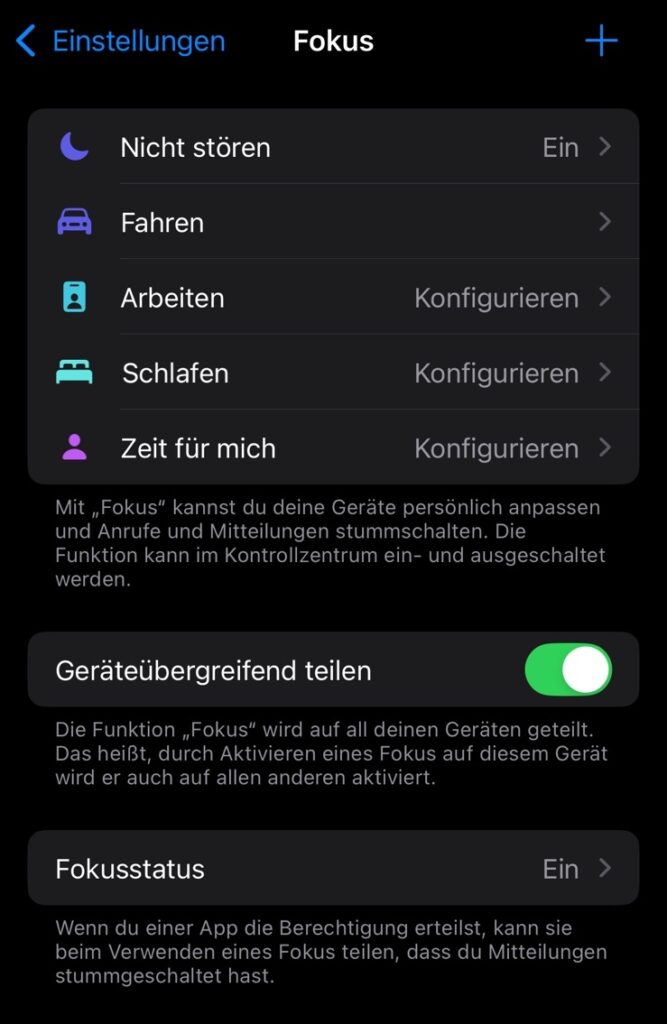 Nicht stören: Verschiedene Fokusmodi - meiner Meinung reicht der eine.