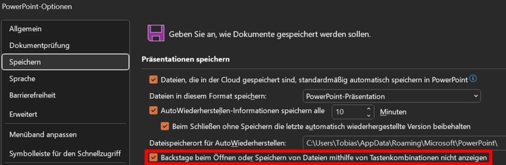 Beispiel für Powerpiont: In den Einstellungen jedes MS Office-Programms kann man einstellen, dass bei Speichern über Tastenkombinationen das normale Fenster angezeigt wird. Die Einstellung muss man nur in einem Programm machen, dann wird sie für alle MS Office-Programme übernommen.