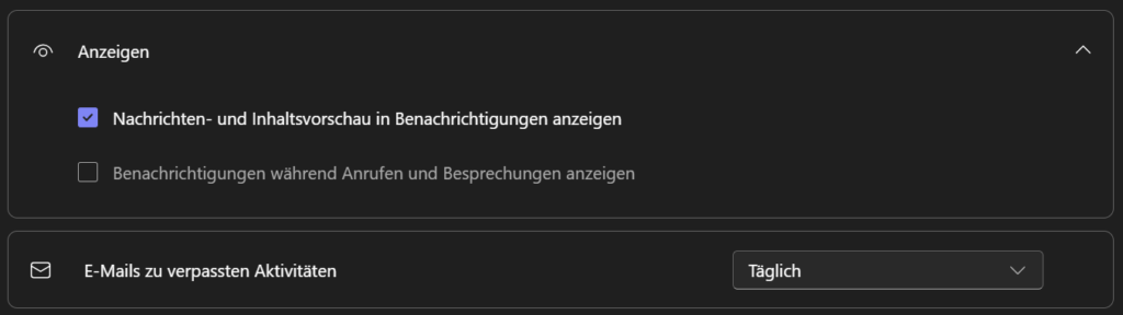 Teams-Einstellungen: Aktivitäten