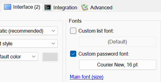 KeePass 2 Einstellungen, Reiter "Interface (2)": Die höheren Semester finden es oft gut, wenn die Schriftgröße des Passworts größer und damit lesbarer ist.