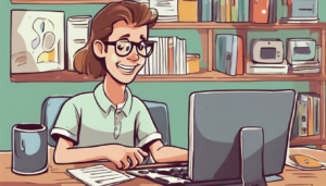 person being happy about learning something new on the computer, cartoon