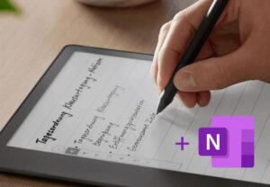 Schreiben von Hand mit dem Kindle Scribe fühlt sich an wie auf Papier. Nur der Export vom Scribe nach OneNote ist SEHR mühsam. (Bild: Amazon, ergänzt um OneNote Logo von pngwing.com)