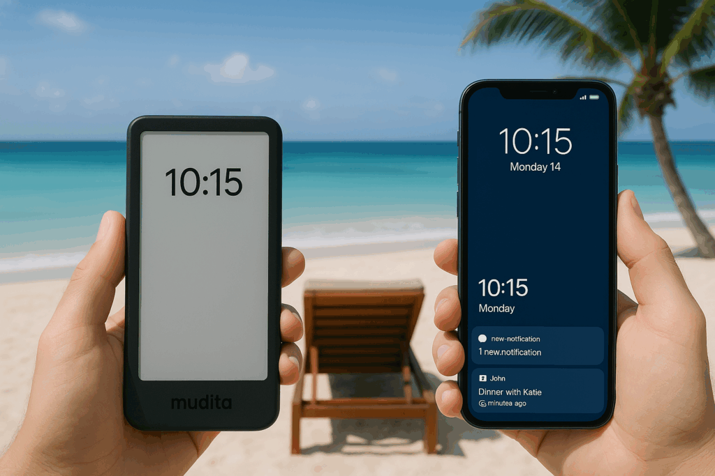 So kann das aussehen: links ein e-Ink Dumbphone, rechts ein Smartphone. Bild: ChatGPT
