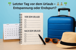 Ca. 1 Woche vor dem Urlaub sollte man anfangen, sich auf die Dinge zu konzentrieren, die WIRKLICH noch vor dem Urlaub fertig werden müssen. Bild: ChatGPT