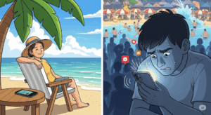 Links: mit dem Dumbphone ist der Urlaub entspannter! Rechts: Mit Benachrichtigungen, Erinnerungen und Doomscrolling kann man schlecht abschalten! Bild: Google Gemini