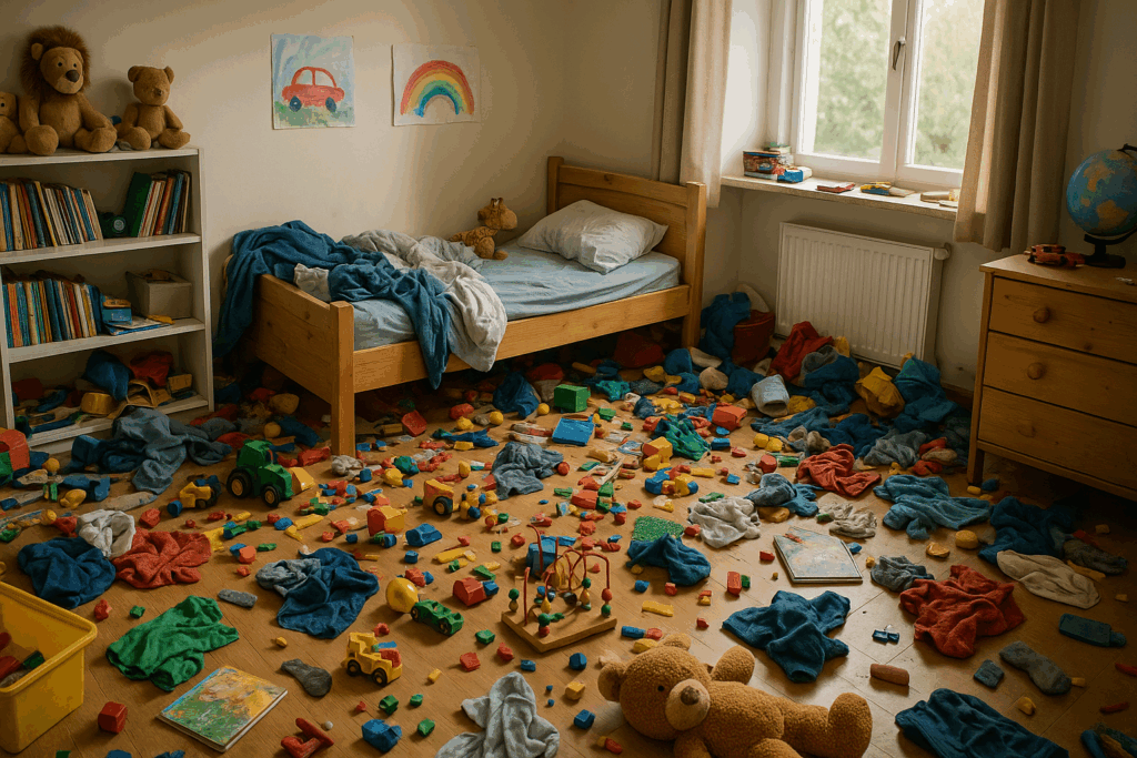 Für meinen Geschmack ist das - abgesehen vom Boden noch ziemlich aufgeräumt. Aber das liefert ChatGPT, wenn man nach einem "chaotischen" Kinderzimmer fragt. Bild: ChatGPT