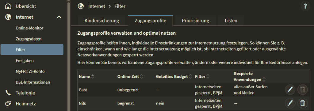 Hier muss ein Profil mit Kinderschutz-Internetfilter vorhanden sein oder angelegt werden.