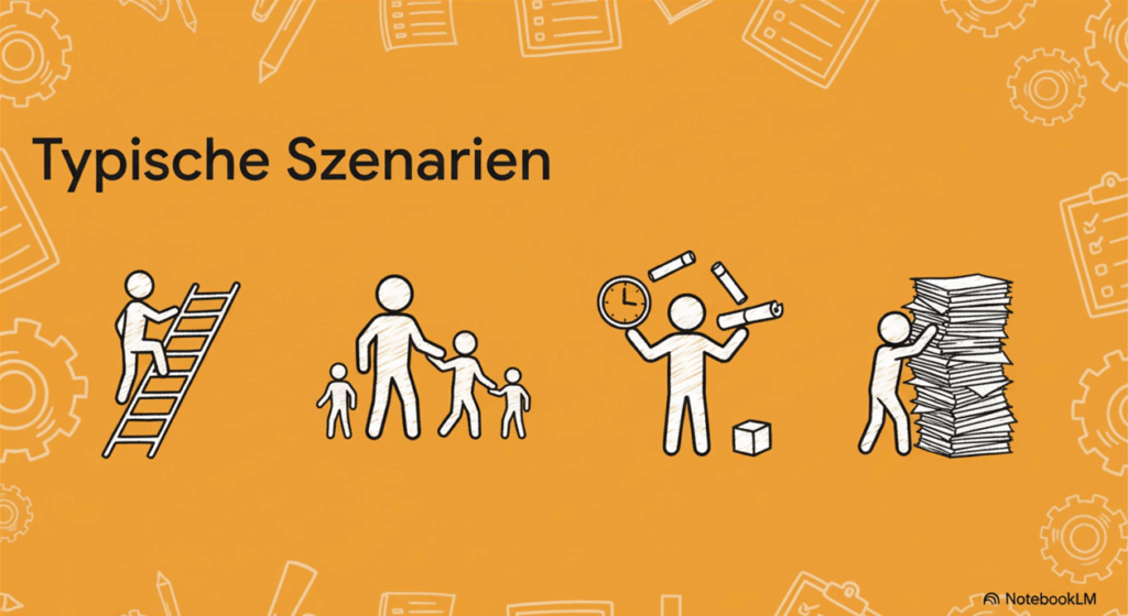 Typische Szenarien für Getting Things Done Coaching: ein Beförderung, die Führung einer größeren Anzahl an Mitarbeitern, Work-Life-Balance und ein immer weiter zunehmender Stapel an Aufgaben. Bild: NotebookLM