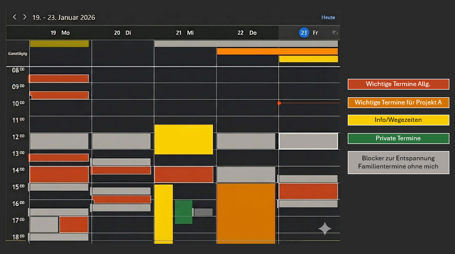 Eine Beispielwoche - nach Möglichkeit mache ich Vormittags keine Termine. Farben im Kalender verbessern die Übersicht deutlich!