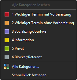 Die Kategorieauswahl, um die Farben im Kalender festzulegen.