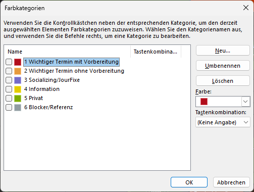 Das Fenster, in dem man die Farben im Kalender und ihren Namen festlegen kann.