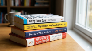 Meine wesentlichen Quellen für OKR-Wissen, sowie der Klassiker des Selbstmanagements: Getting Things Done von David Allen. Bild: Gemini