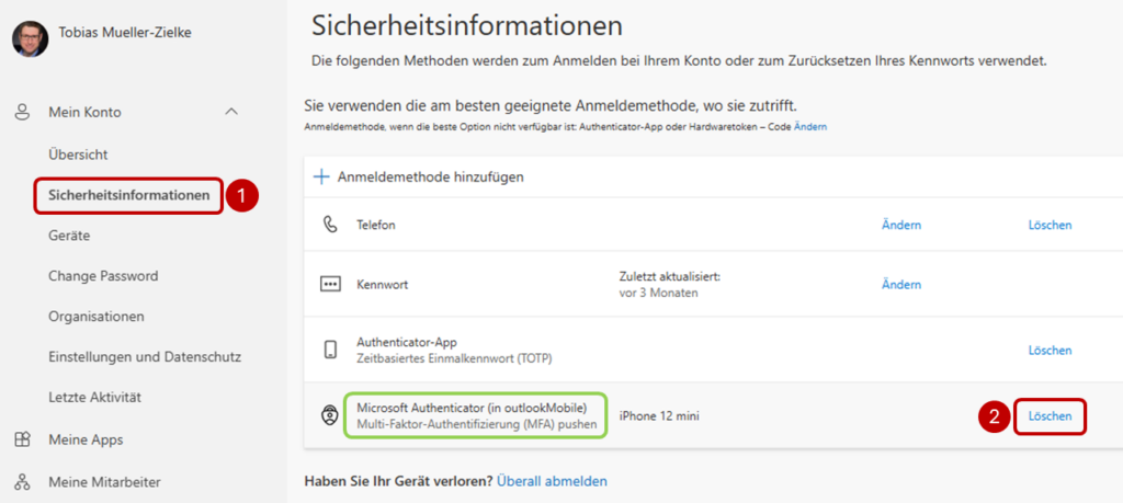 Outlook Authenticator deaktivieren