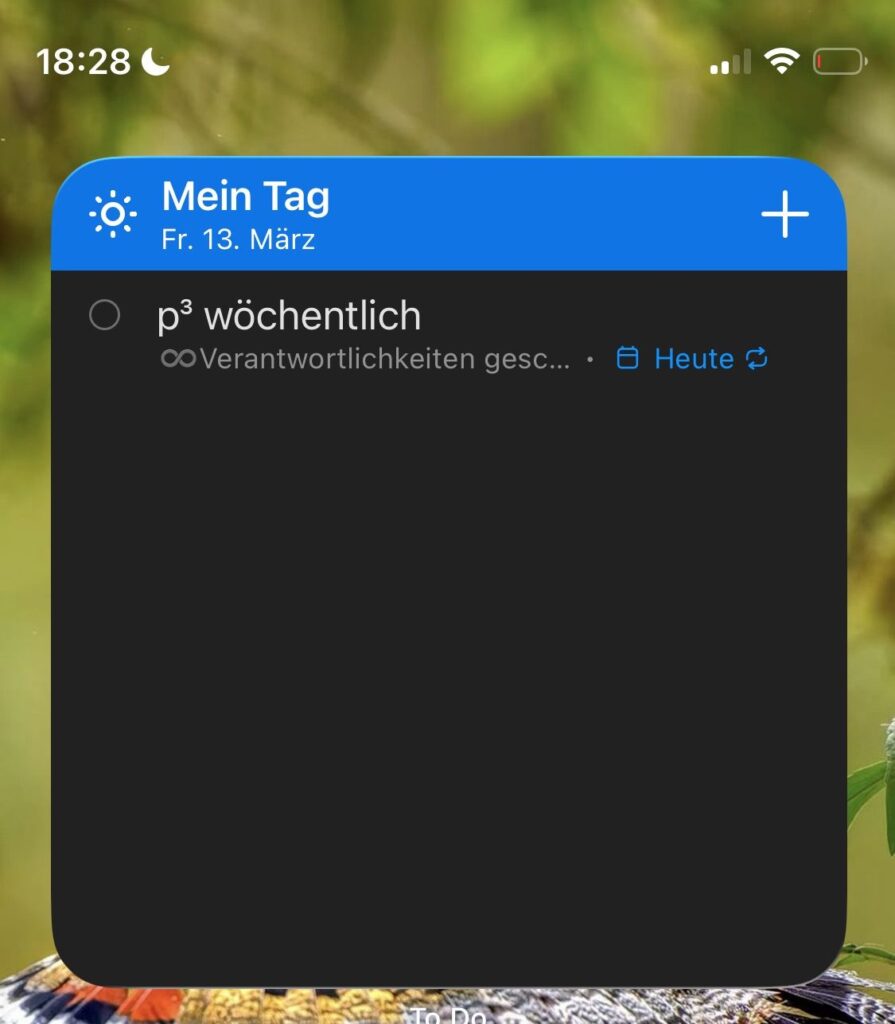 Das schlicht gehaltene Widget auf iOS. Klickt man oben rechts auf das "+", öffnet sich die To Do App. Man kann pro Widget nur eine Liste fix auswählen.