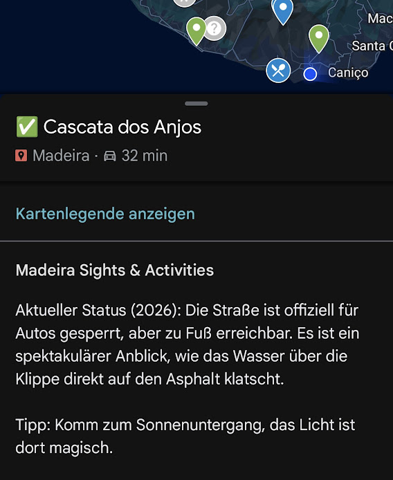 Jegliche Kommenare, die man in My Maps hinterlegt hat, werden auch angezeigt. In diesem Fall habe ich den Text, den Gemini mir als Beschreibung gegeben hat, eingefügt.