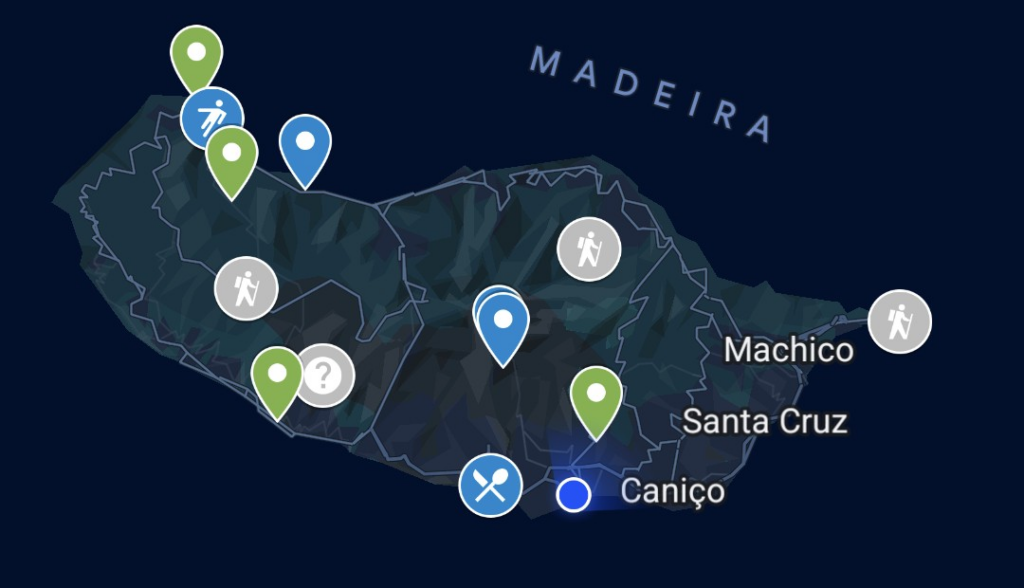 Die Google Maps-App auf Android, nachdem der Link zur Google My Maps aufgerufen wurde. Die Farben und Icons habe ich selbst angelegt: grün: bereits besucht, grau: vielleicht besuchen, blau: noch zu besuchen.