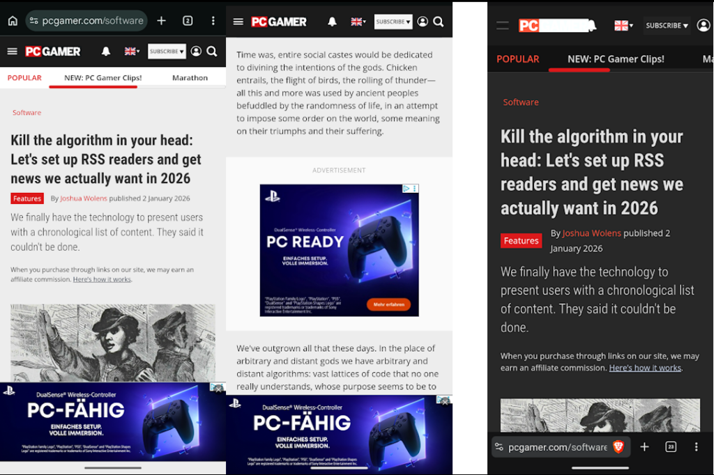 Nicht ganz so bitter wie am Desktop, aber i.d.R. nimmt Werbung auf Chrome (links) immer gut die Hälfte des Bildschirms ein. Bilder: PC Gamer/Sony