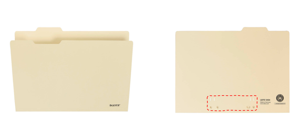 Einstellmappen von Leitz. Rot markiert: hier kann man Heftstreifen anbringen, wenn man sichergehen will, dass Nichts herausfällt. 
Bilder: office-discount.de/Leitz