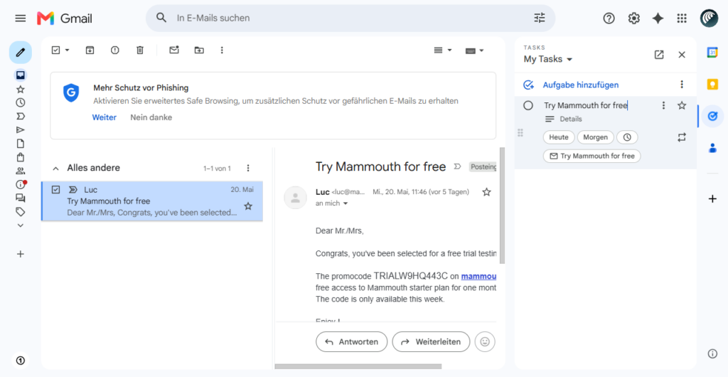 Mit Umschalt + t wird eine neue Aufgabe aus der Nachricht in Gmail erstellt.