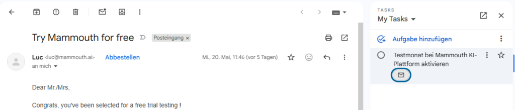Durch einen Klick auf das Briefsymbol (rechter Bildschirmteil) wird die E-Mail in GMail wieder geöffnet.